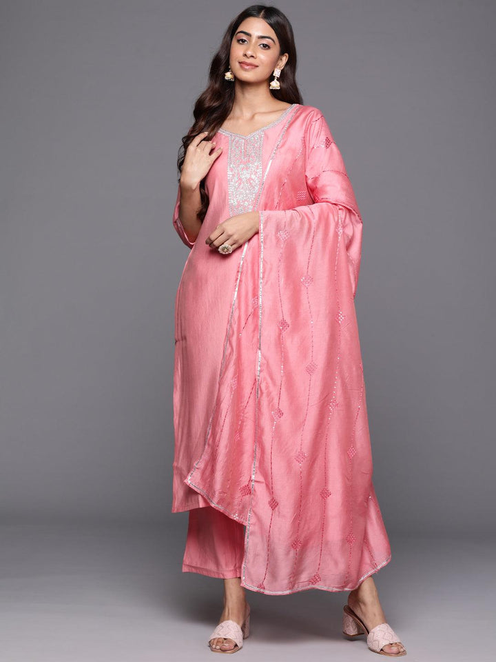 Pink Yoke Design Silk Blend Straight Kurta With Trousers & Dupatta - ShopLibas