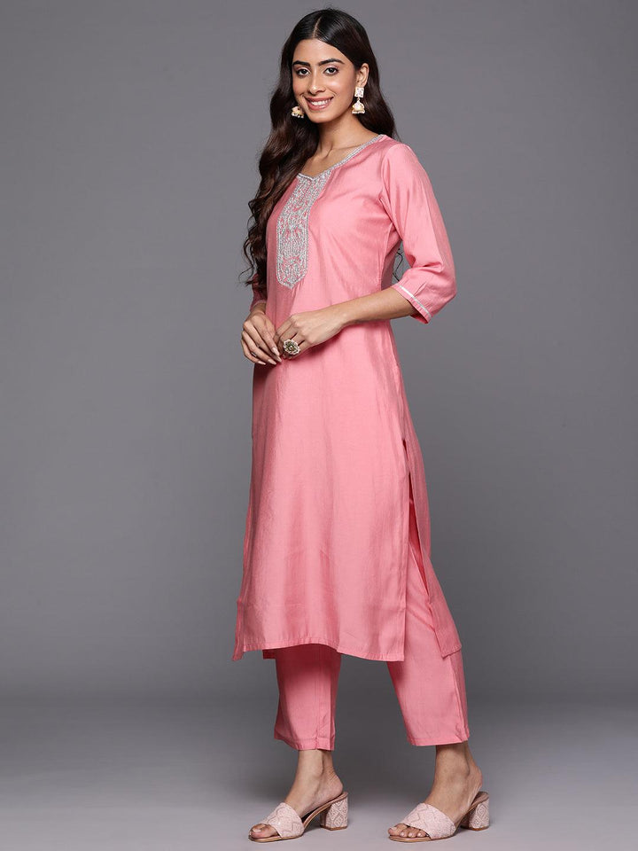 Pink Yoke Design Silk Blend Straight Kurta With Trousers & Dupatta - ShopLibas