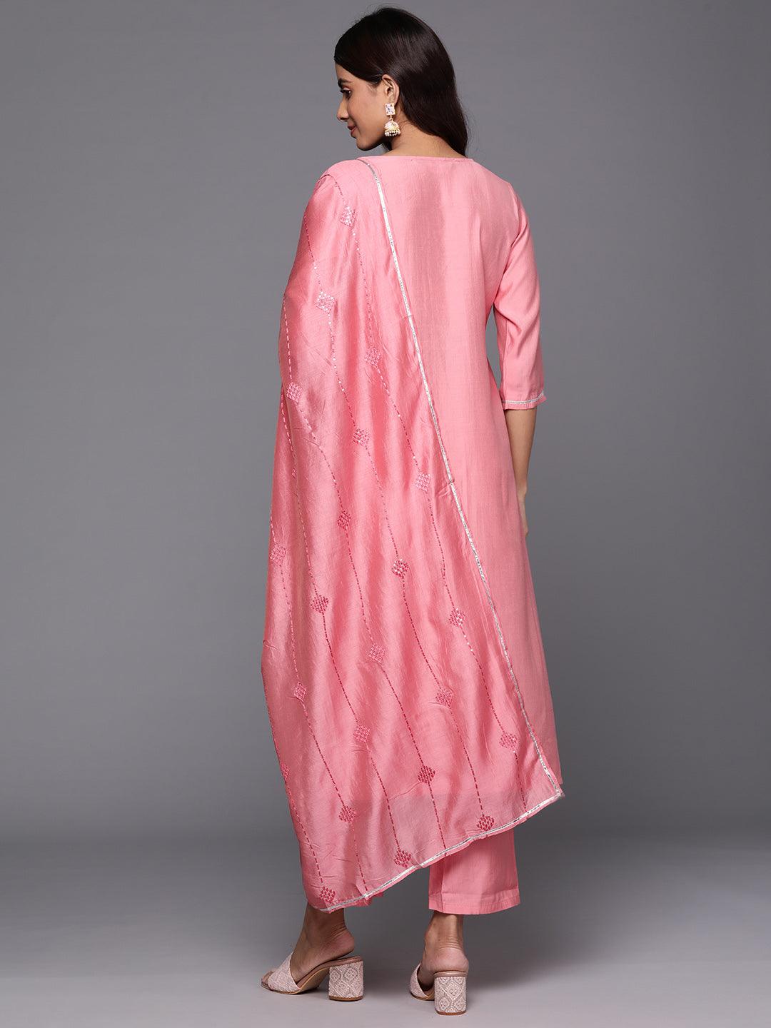 Pink Yoke Design Silk Blend Straight Kurta With Trousers & Dupatta - ShopLibas