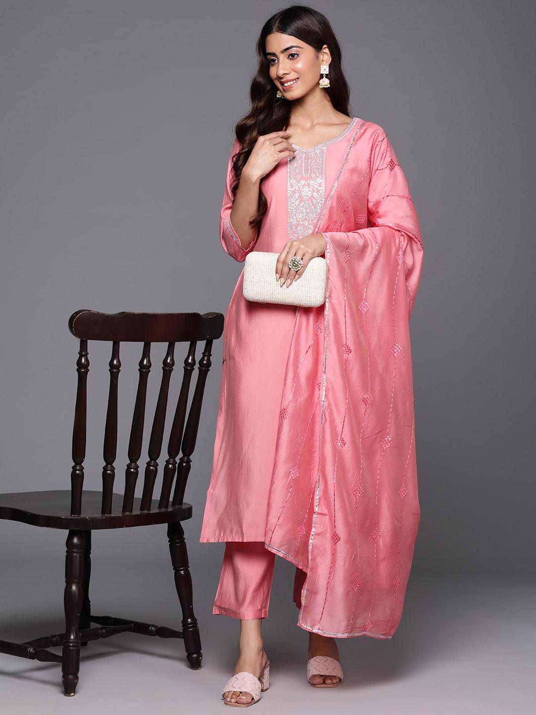 Pink Yoke Design Silk Blend Straight Kurta With Trousers & Dupatta - ShopLibas