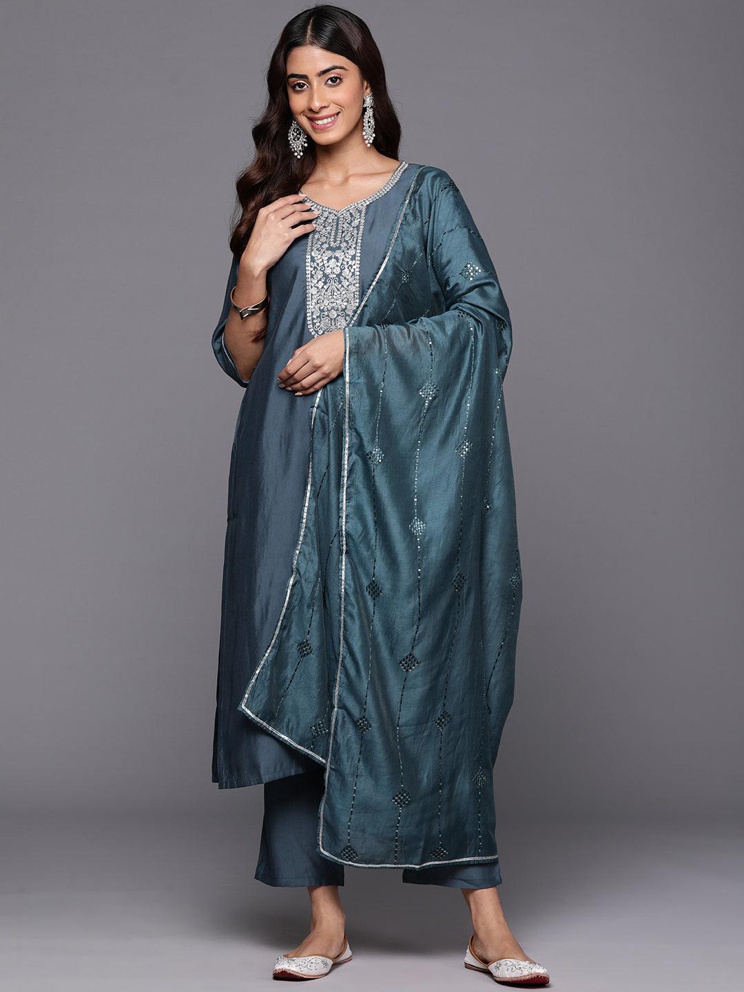 Grey Yoke Design Silk Blend Straight Suit With Dupatta