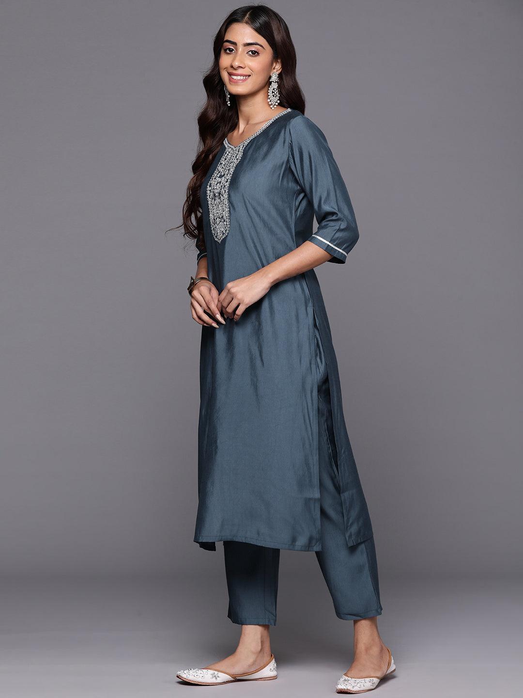 Grey Yoke Design Silk Blend Straight Suit With Dupatta