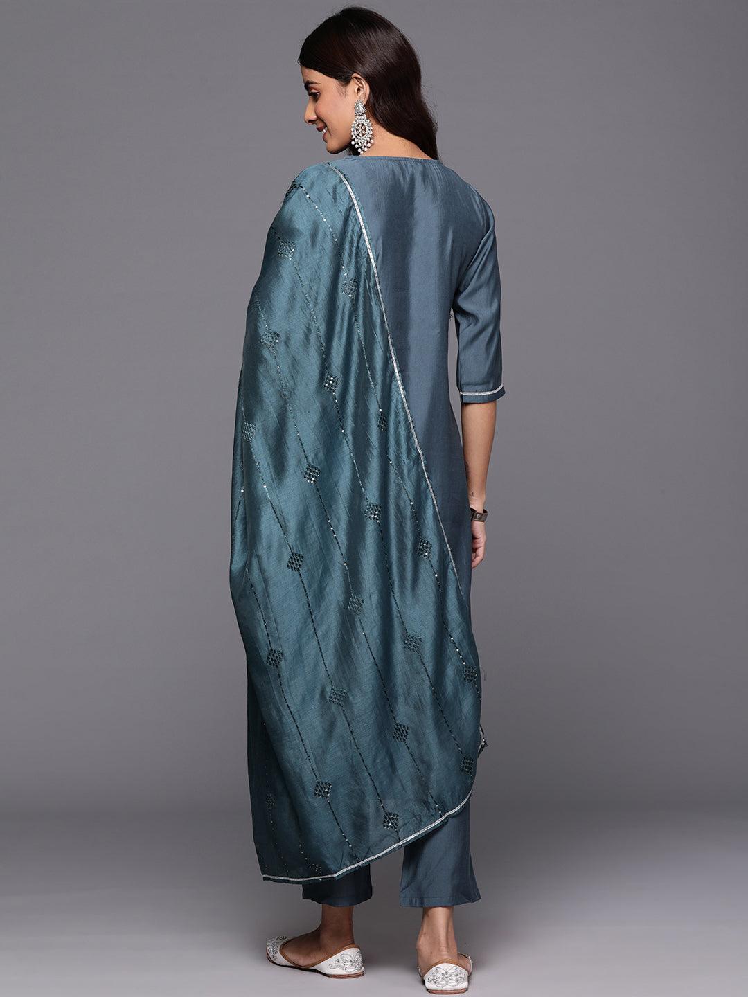 Grey Yoke Design Silk Blend Straight Kurta With Trousers & Dupatta - ShopLibas