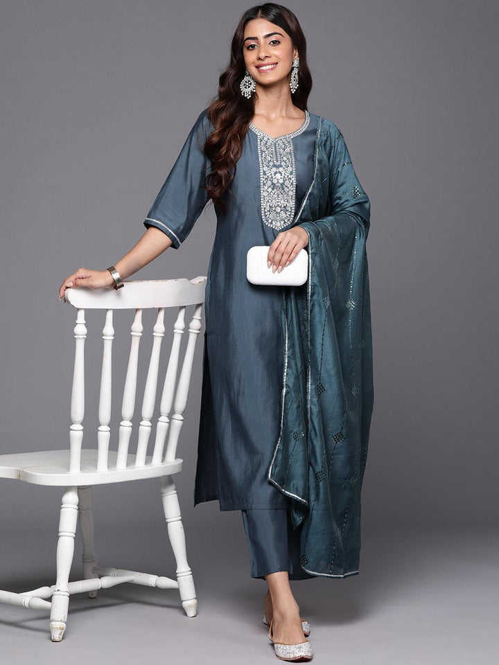 Grey Yoke Design Silk Blend Straight Kurta With Trousers & Dupatta - ShopLibas