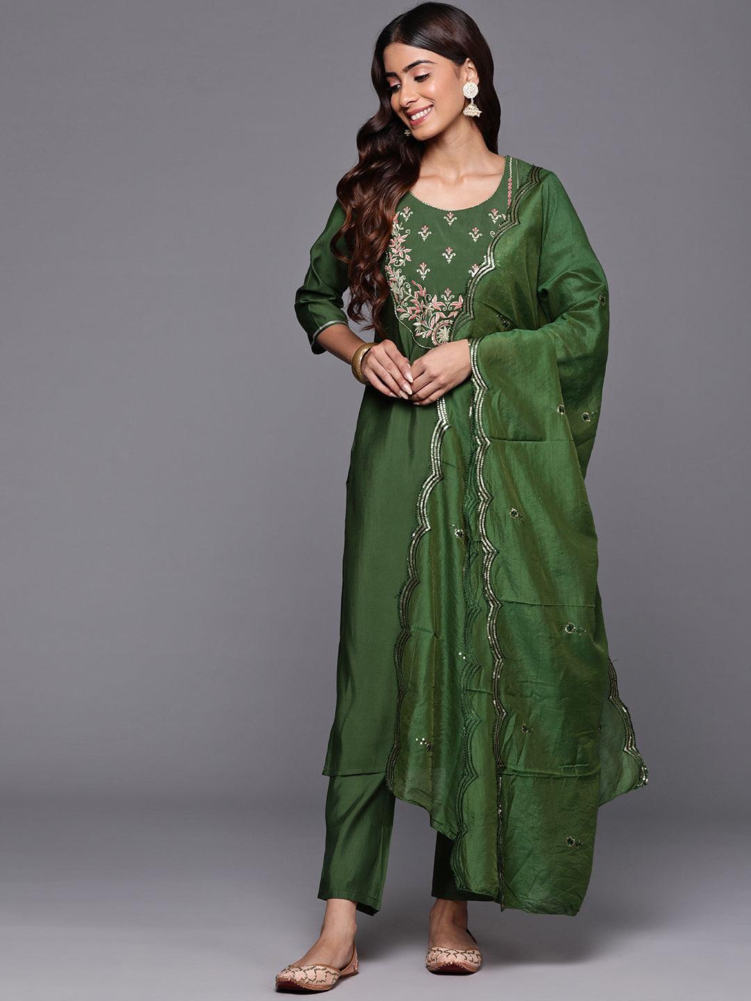 Green Yoke Design Silk Blend Straight Suit With Dupatta