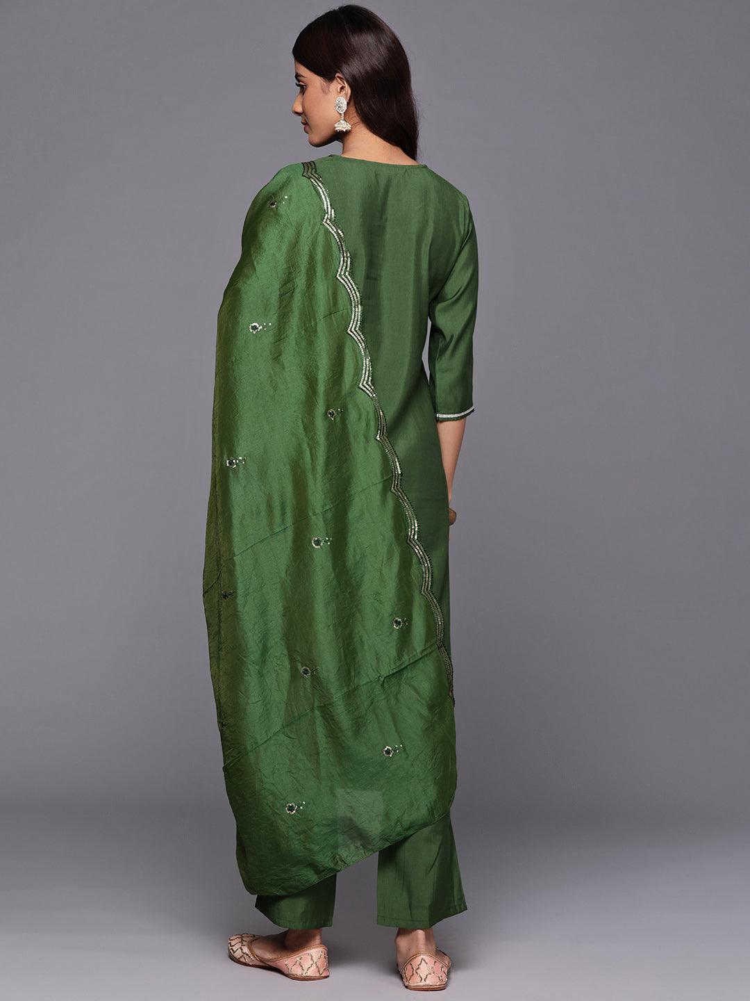 Green Yoke Design Silk Blend Straight Suit With Dupatta