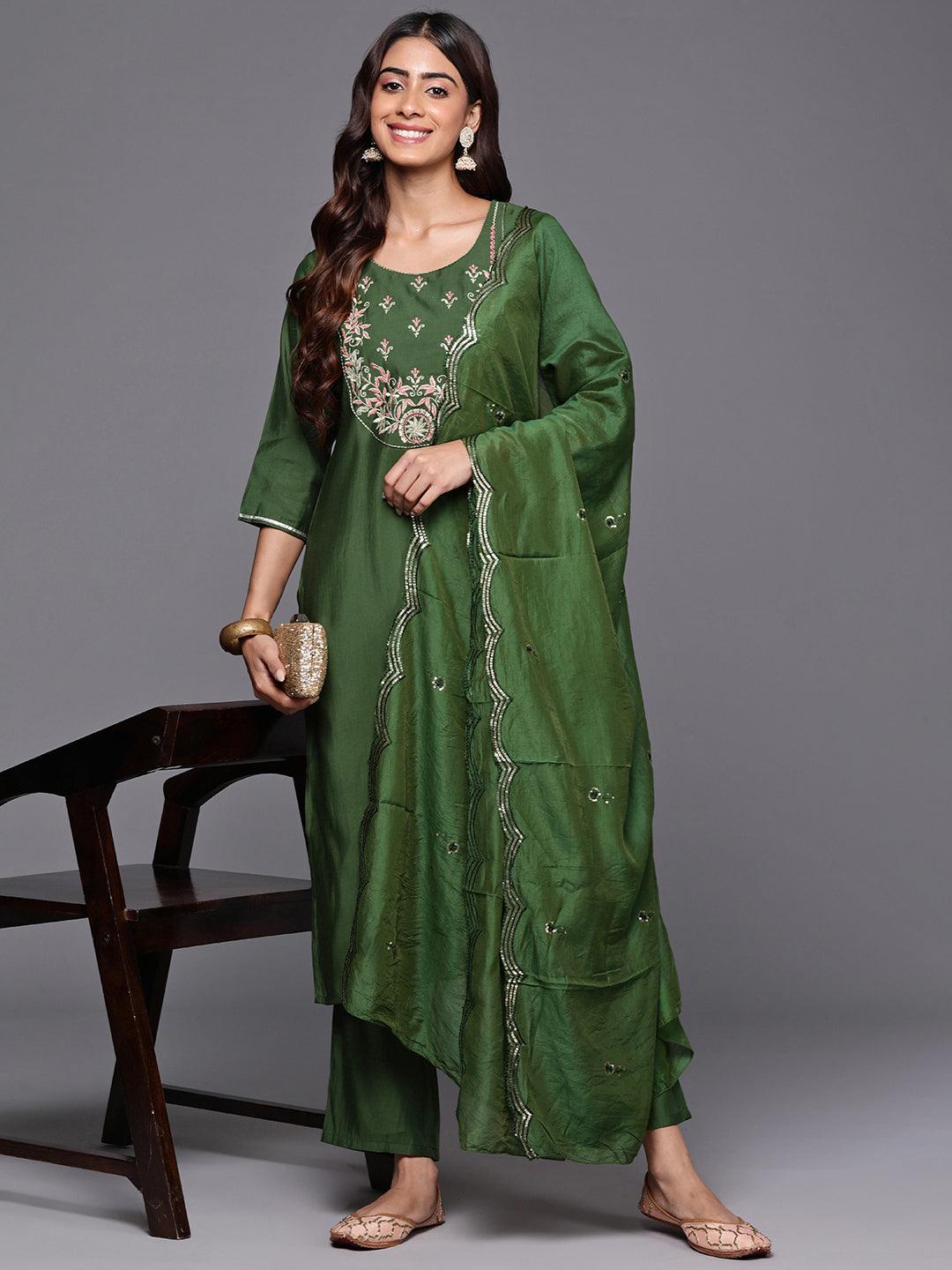 Green Yoke Design Silk Blend Straight Suit With Dupatta