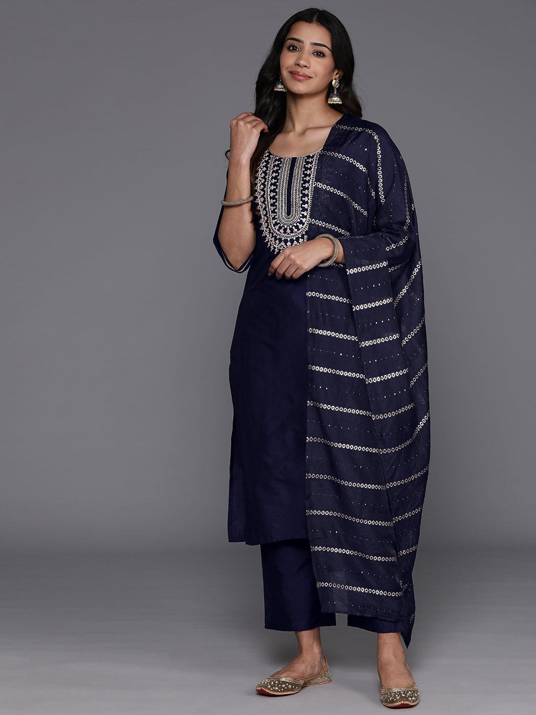 Blue Yoke Design Silk Blend Straight Suit With Dupatta