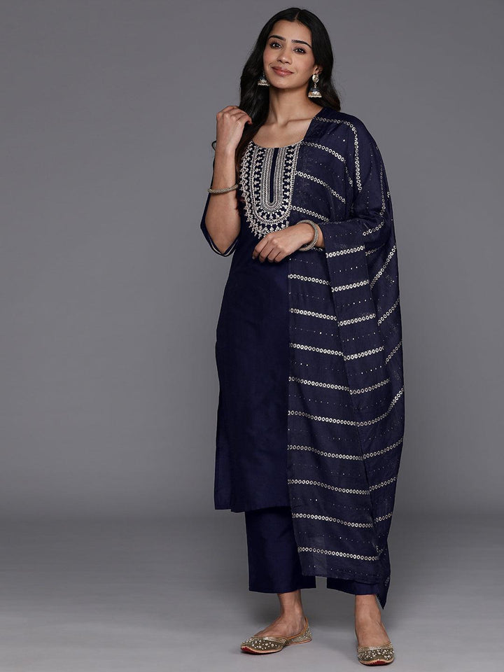 Blue Yoke Design Silk Blend Straight Kurta With Trousers & Dupatta - ShopLibas