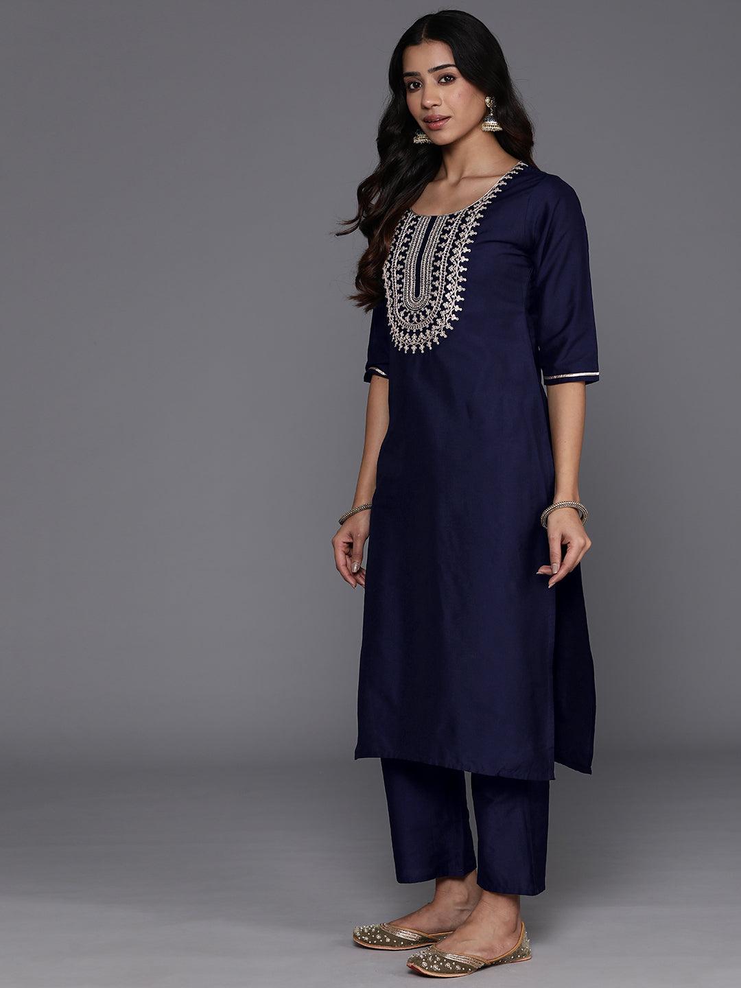 Blue Yoke Design Silk Blend Straight Kurta With Trousers & Dupatta - ShopLibas