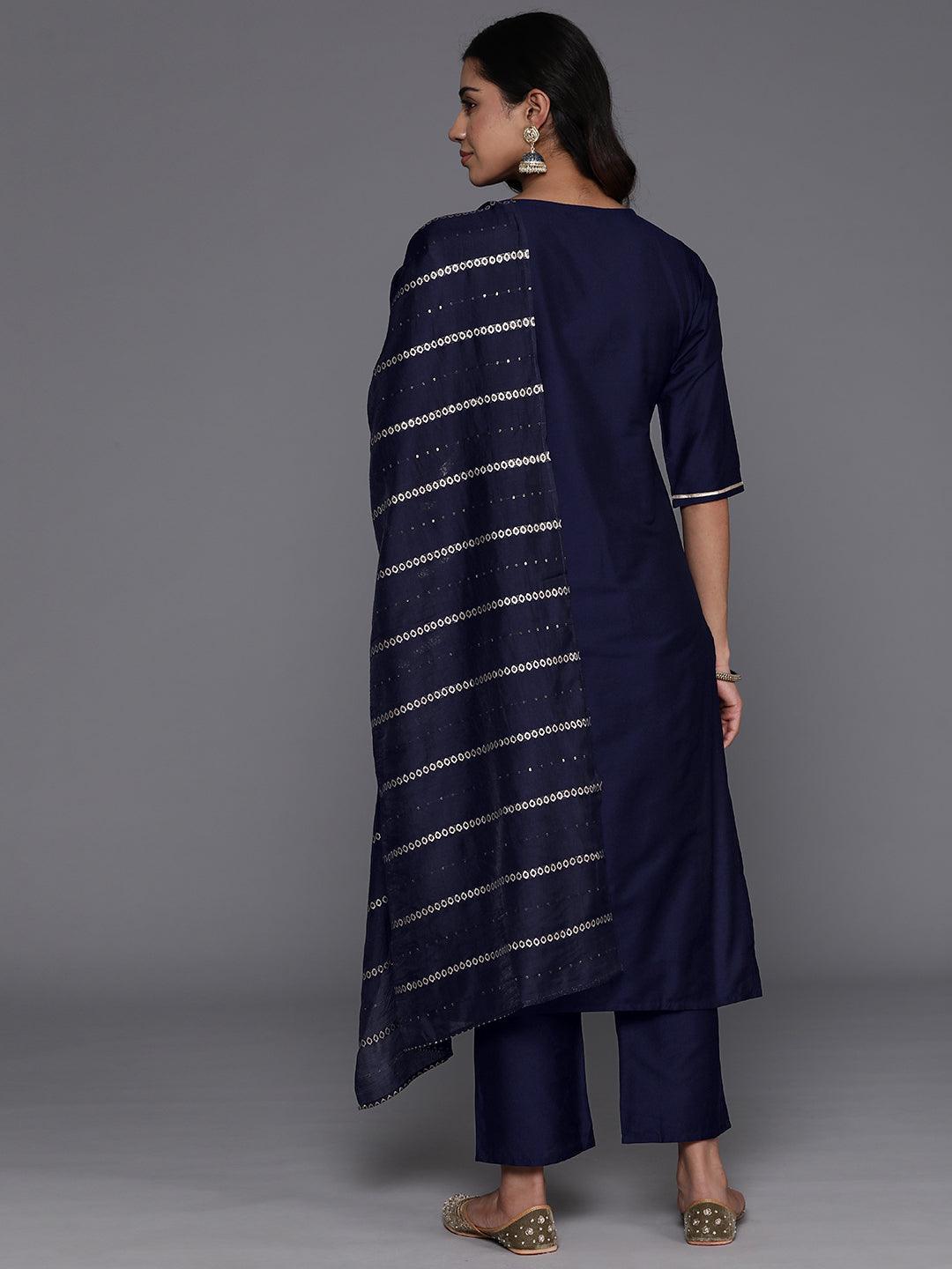 Blue Yoke Design Silk Blend Straight Suit With Dupatta