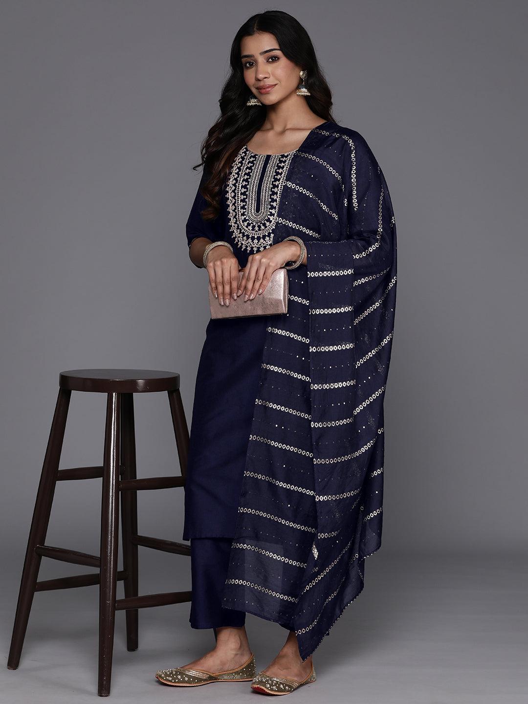 Blue Yoke Design Silk Blend Straight Suit With Dupatta