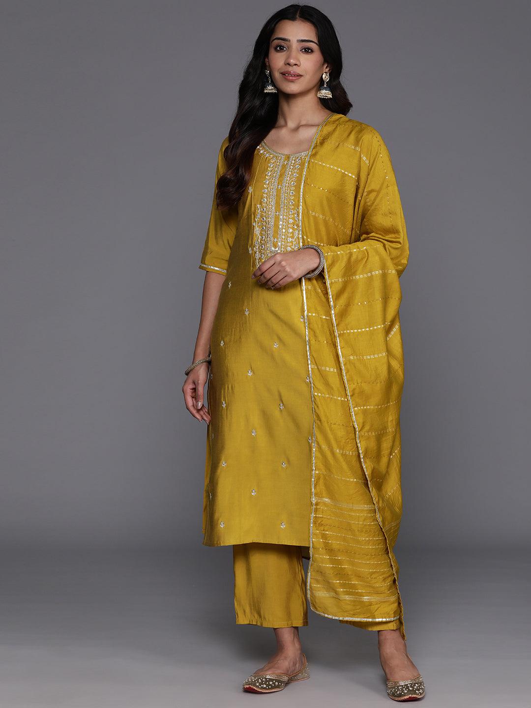 Mustard Yoke Design Silk Blend Straight Suit With Dupatta