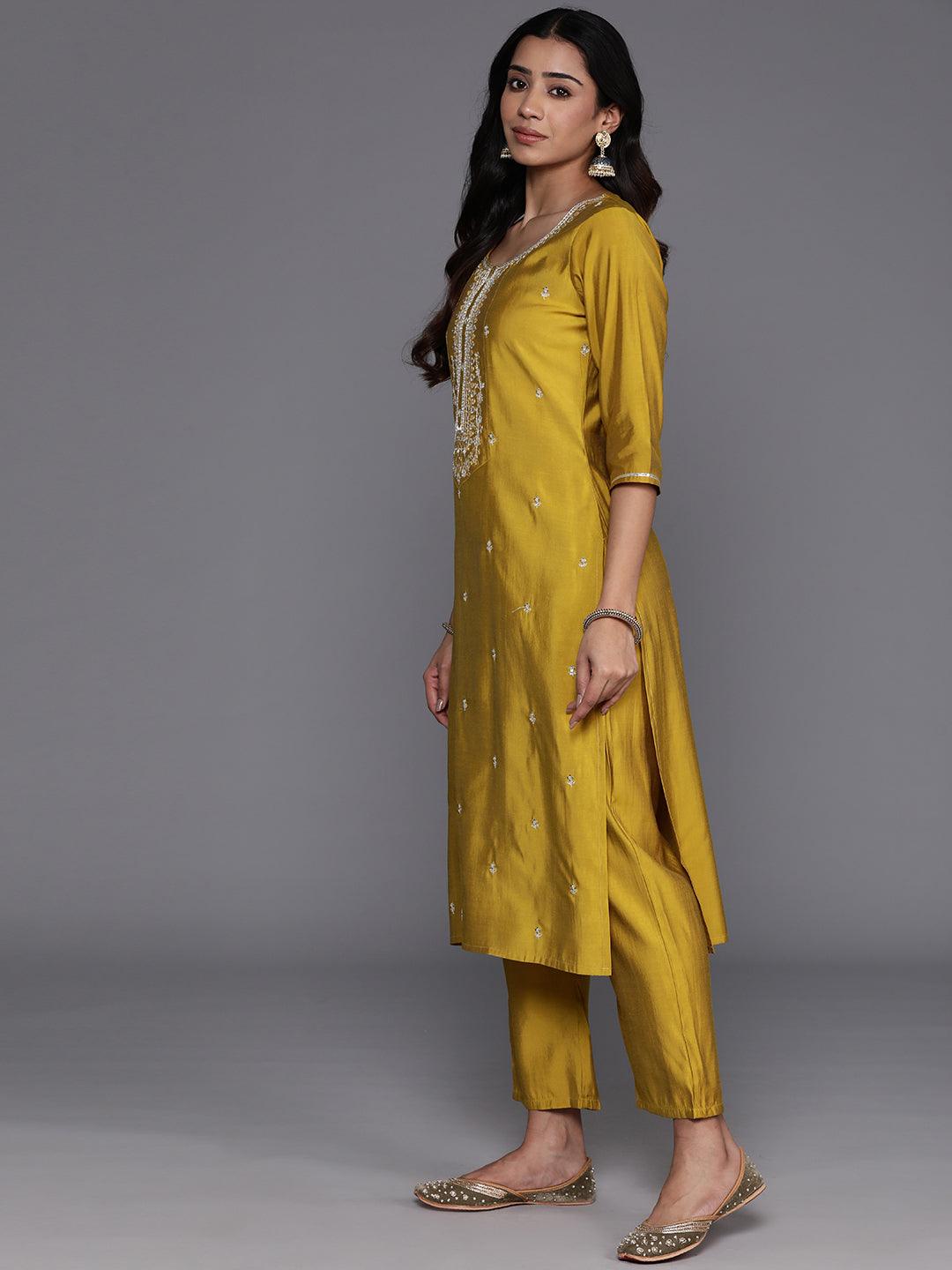 Mustard Yoke Design Silk Blend Straight Suit With Dupatta