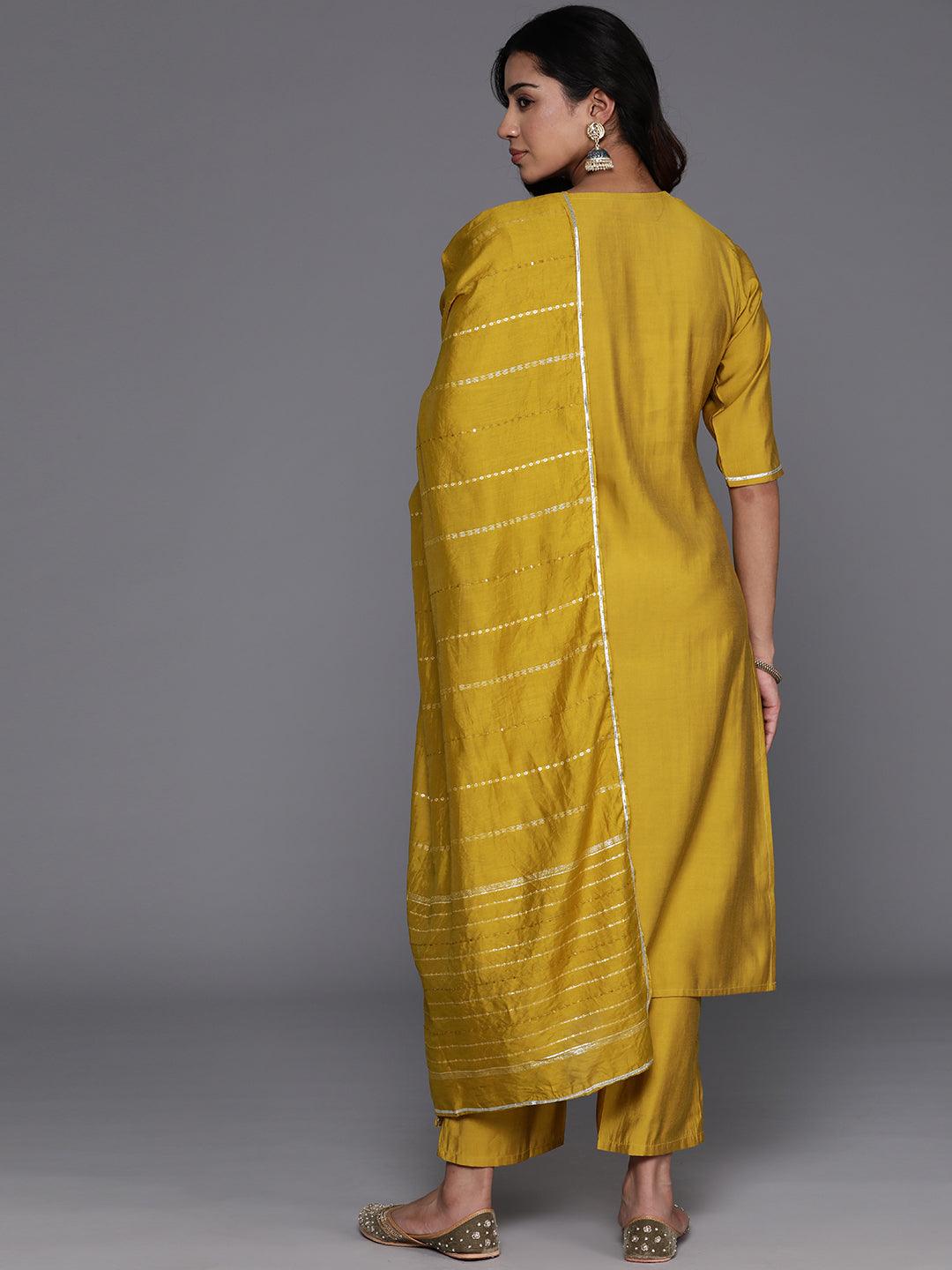 Mustard Yoke Design Silk Blend Straight Suit With Dupatta