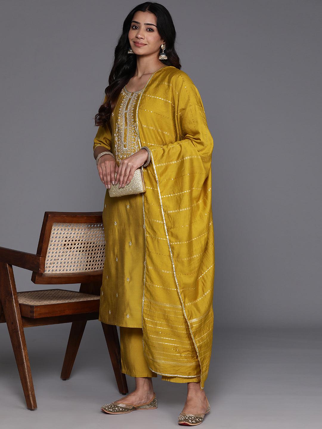 Mustard Yoke Design Silk Blend Straight Suit With Dupatta