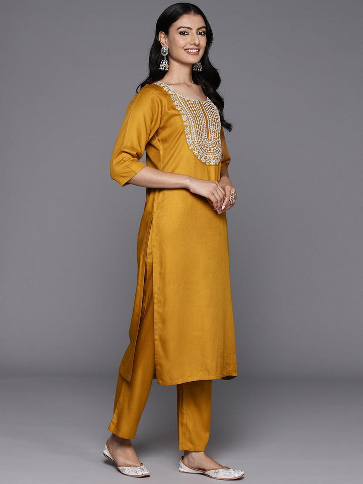 Mustard Yoke Design Wool Blend Straight Kurta With Trousers - ShopLibas