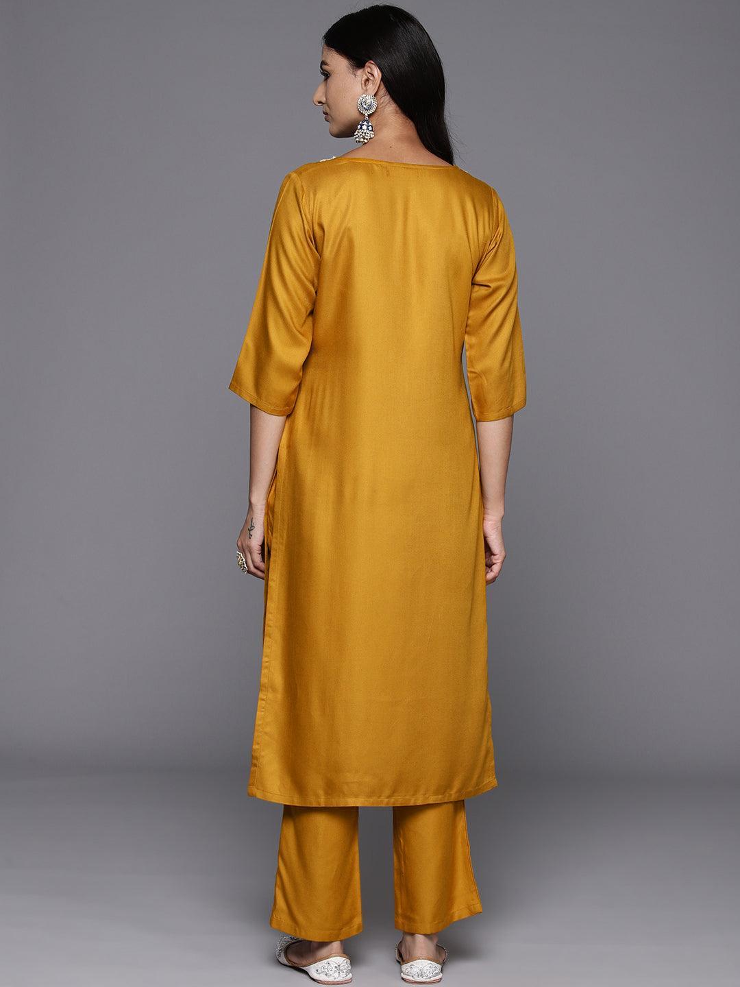 Mustard Yoke Design Wool Blend Straight Kurta With Trousers - ShopLibas