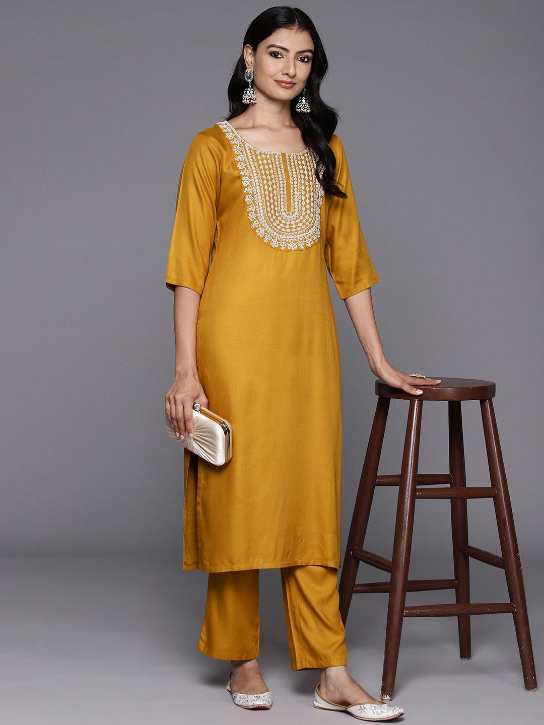 Mustard Yoke Design Wool Blend Straight Kurta Set