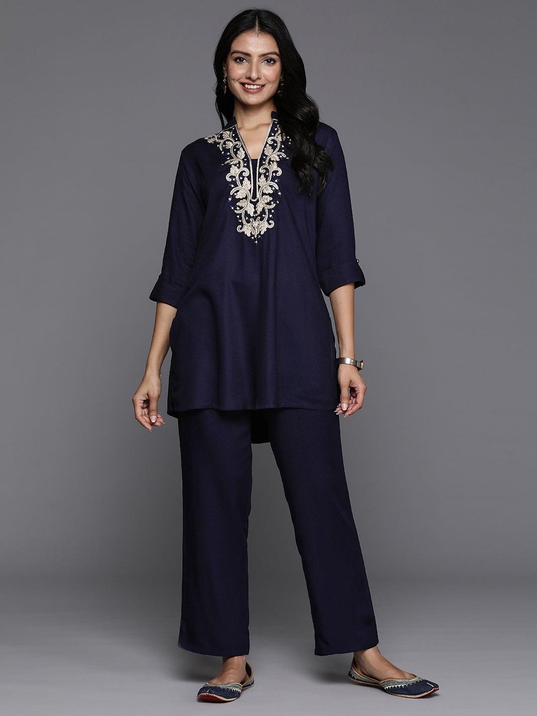 Blue Yoke Design Wool Blend Tunic With Trousers - ShopLibas