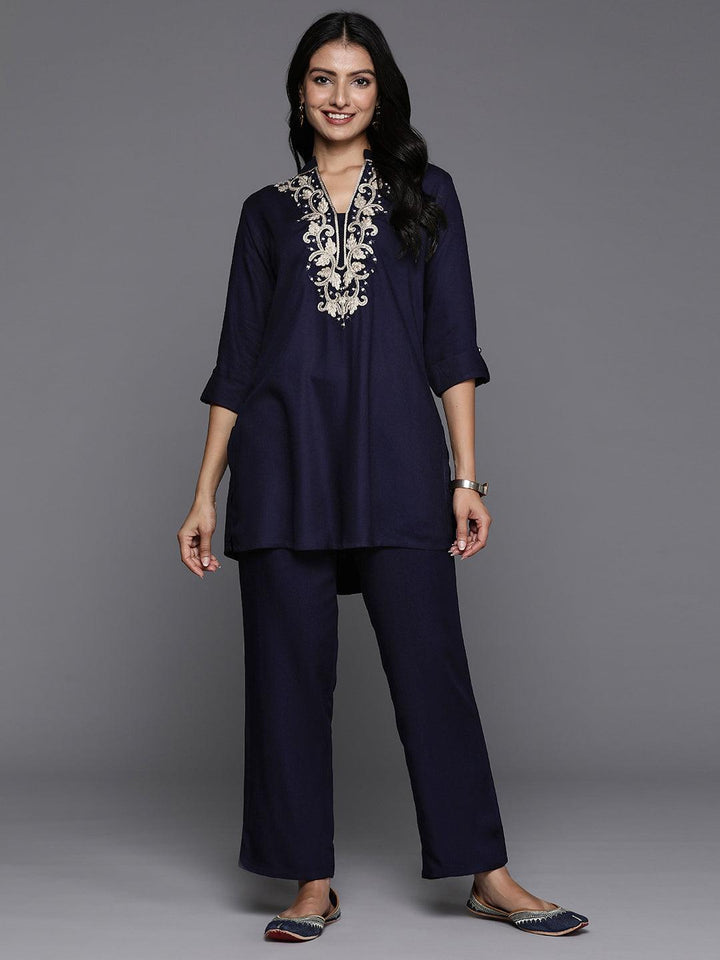 Blue Yoke Design Wool Blend Tunic With Trousers - ShopLibas