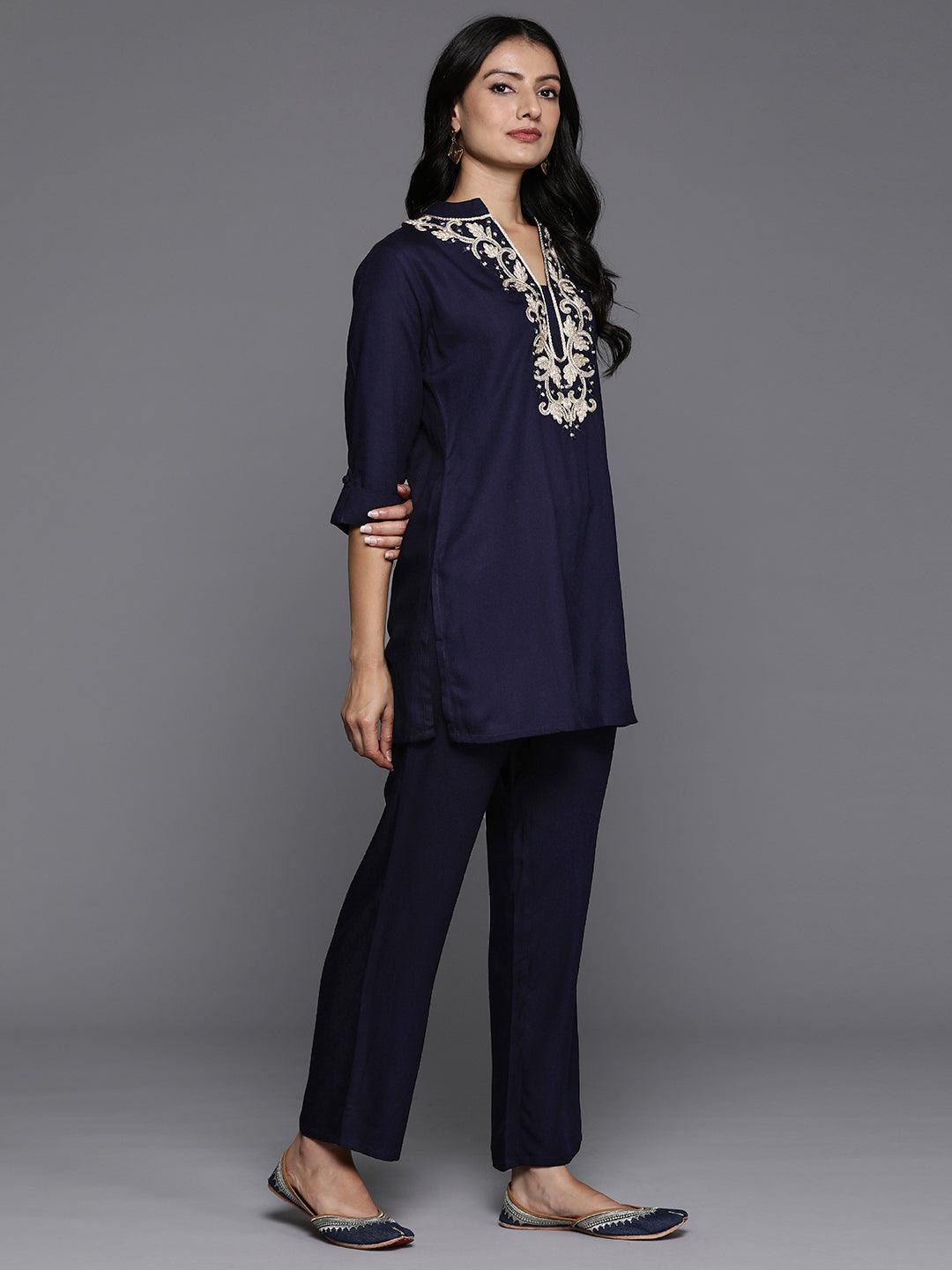 Blue Yoke Design Wool Blend Tunic With Trousers - ShopLibas