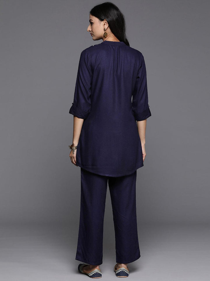 Blue Yoke Design Wool Blend Tunic With Trousers - ShopLibas