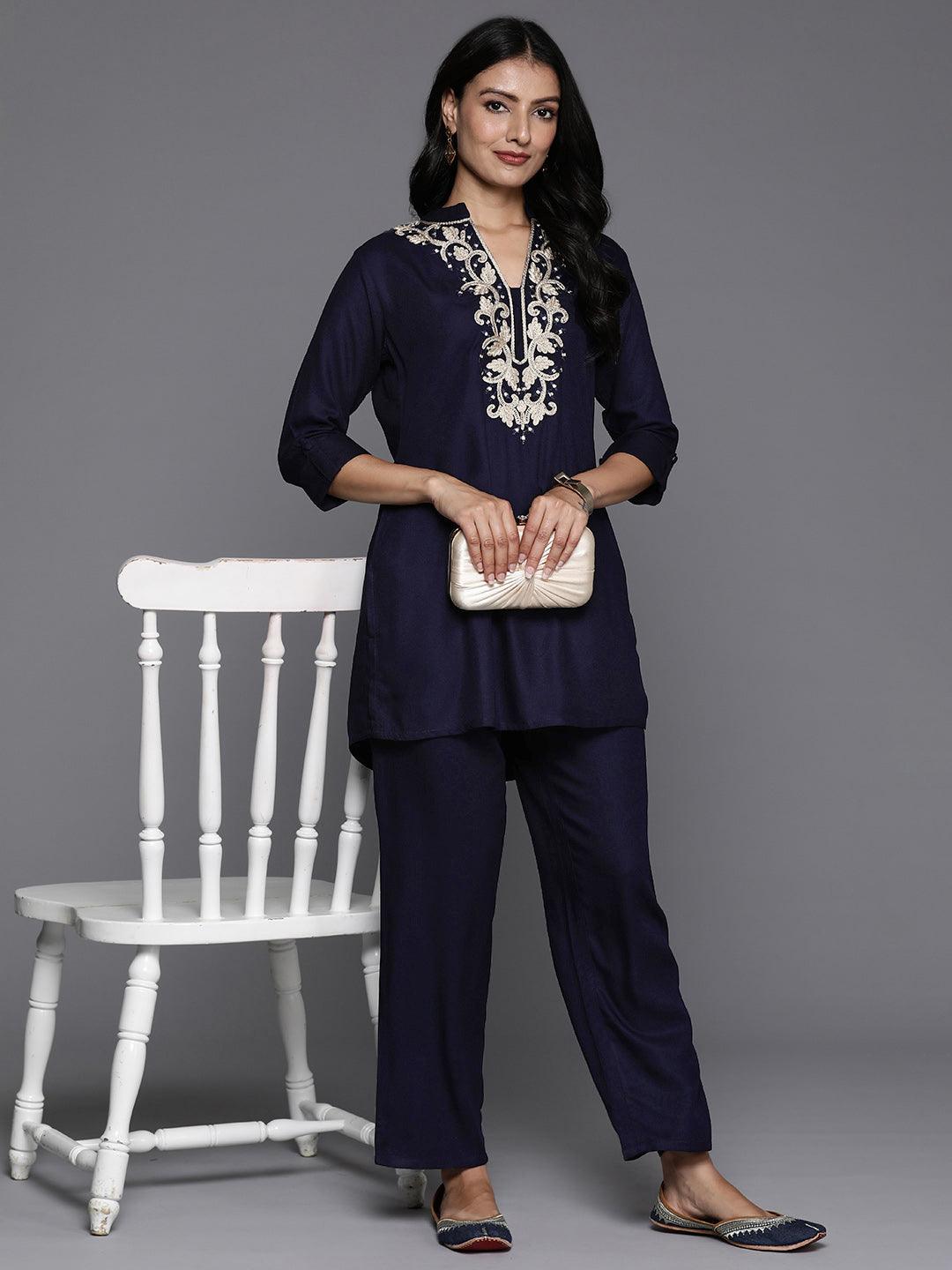 Blue Yoke Design Wool Blend Tunic With Trousers - ShopLibas