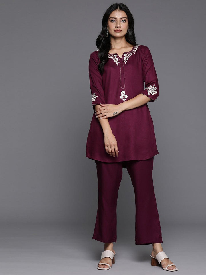 Wine Yoke Design Wool Blend Tunic With Trousers - ShopLibas