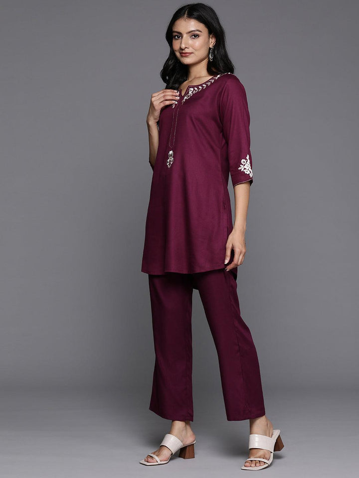 Wine Yoke Design Wool Blend Tunic With Trousers - ShopLibas