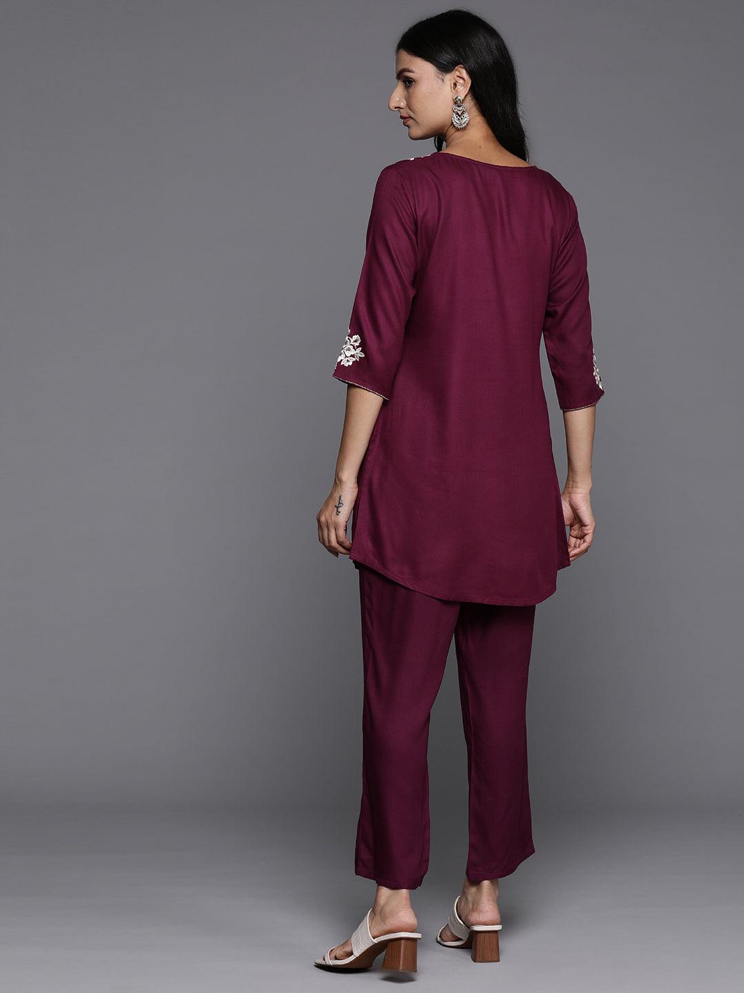 Wine Yoke Design Wool Blend Tunic With Trousers - ShopLibas