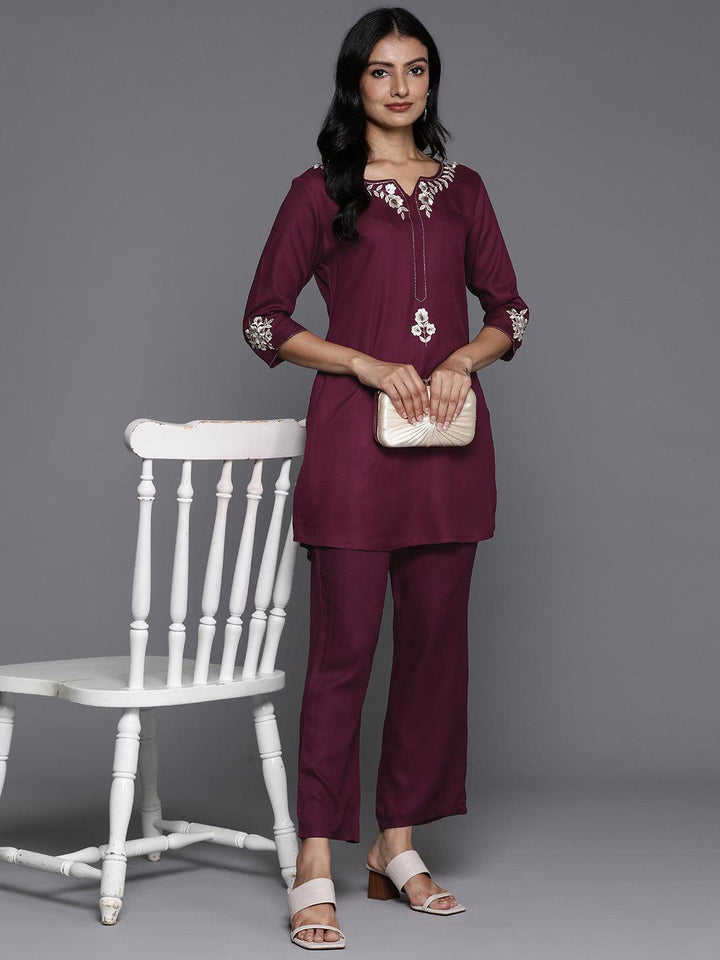 Wine Yoke Design Wool Blend Tunic With Trousers - ShopLibas