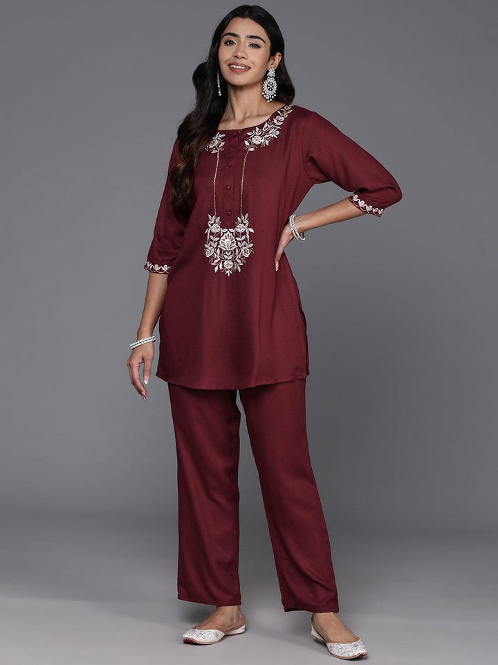 Maroon Embroidered Wool Blend Tunic With Trousers - ShopLibas