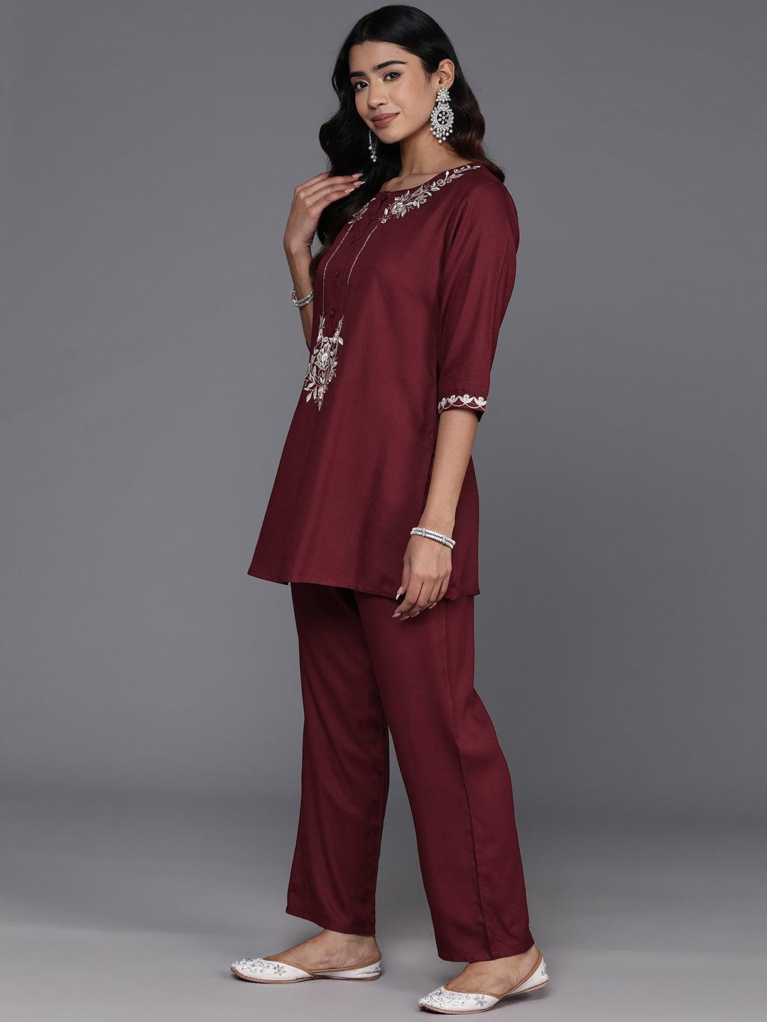 Maroon Embroidered Wool Blend Tunic With Trousers - ShopLibas