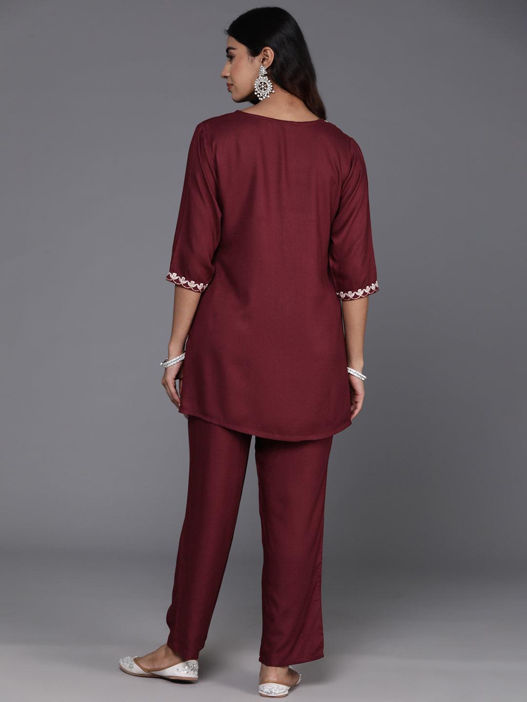 Maroon Embroidered Wool Blend Tunic With Trousers - ShopLibas