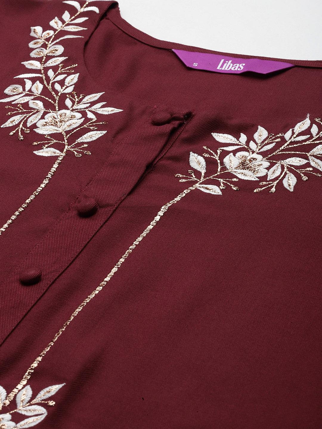 Maroon Embroidered Wool Blend Tunic With Trousers - ShopLibas