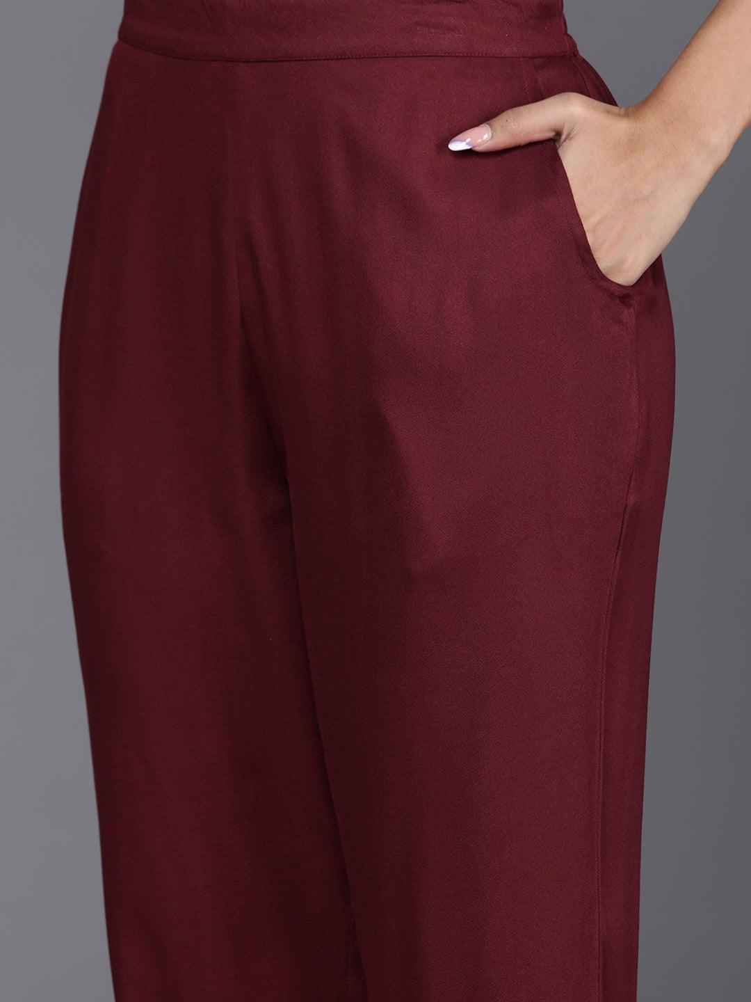 Maroon Embroidered Wool Blend Tunic With Trousers - ShopLibas