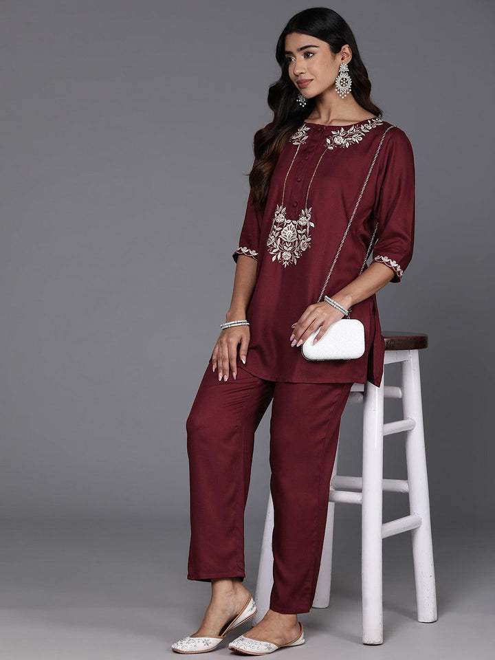 Maroon Embroidered Wool Blend Tunic With Trousers - ShopLibas