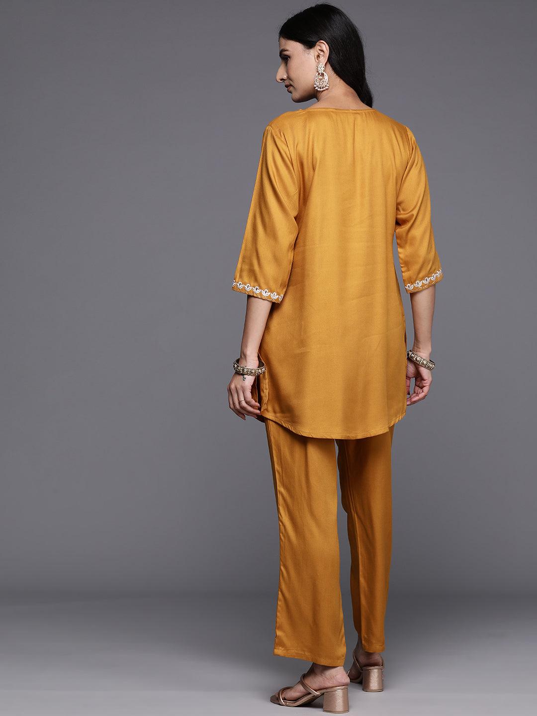 Mustard Embroidered Wool Blend Tunic With Trousers - ShopLibas