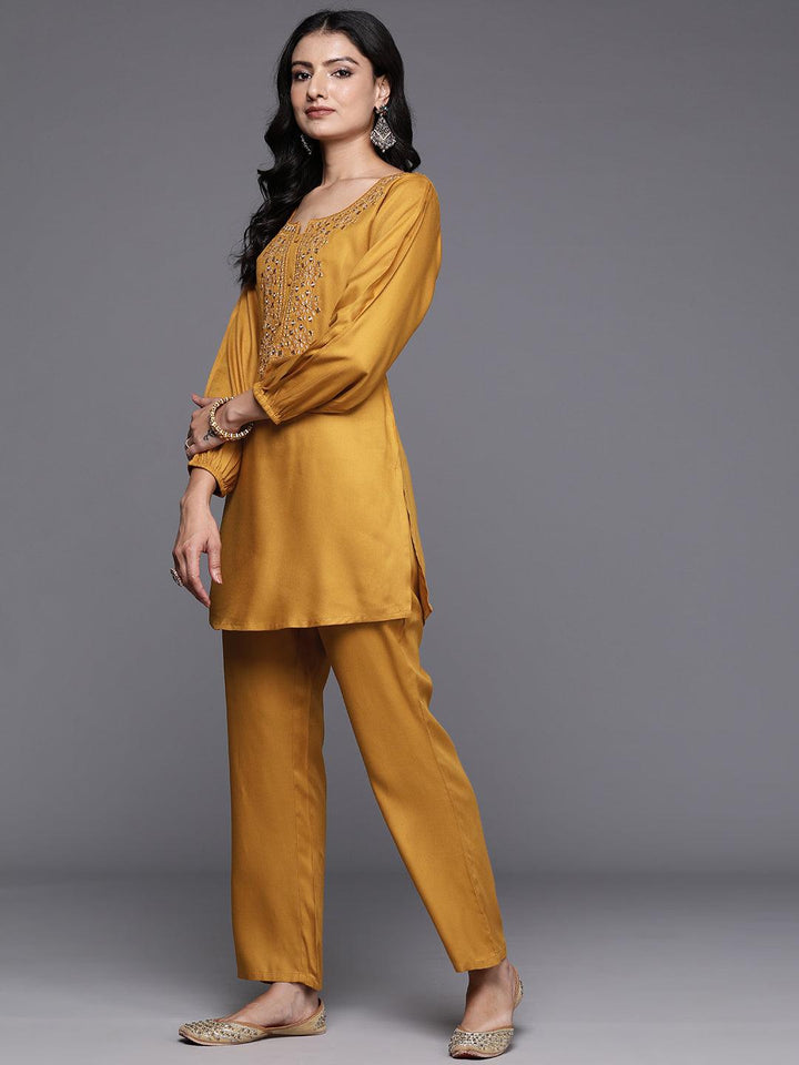 Mustard Embroidered Wool Blend Tunic With Trousers - ShopLibas