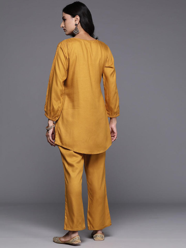 Mustard Embroidered Wool Blend Tunic With Trousers - ShopLibas