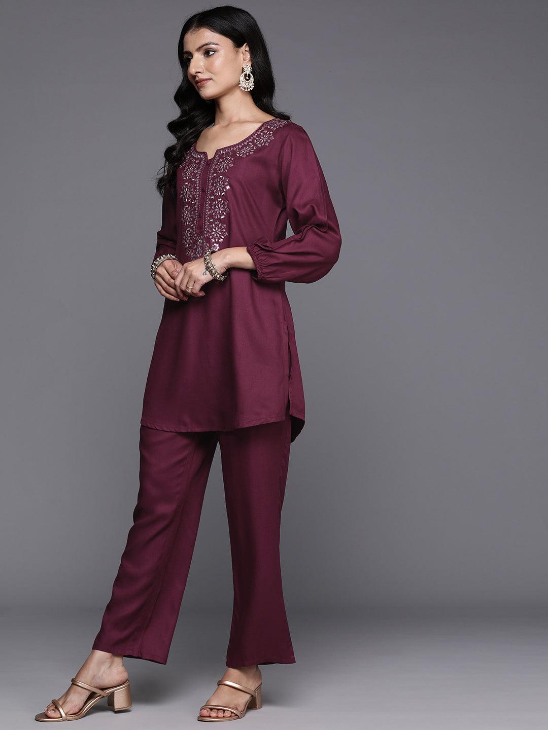 Wine Embroidered Wool Blend Tunic With Trousers - ShopLibas