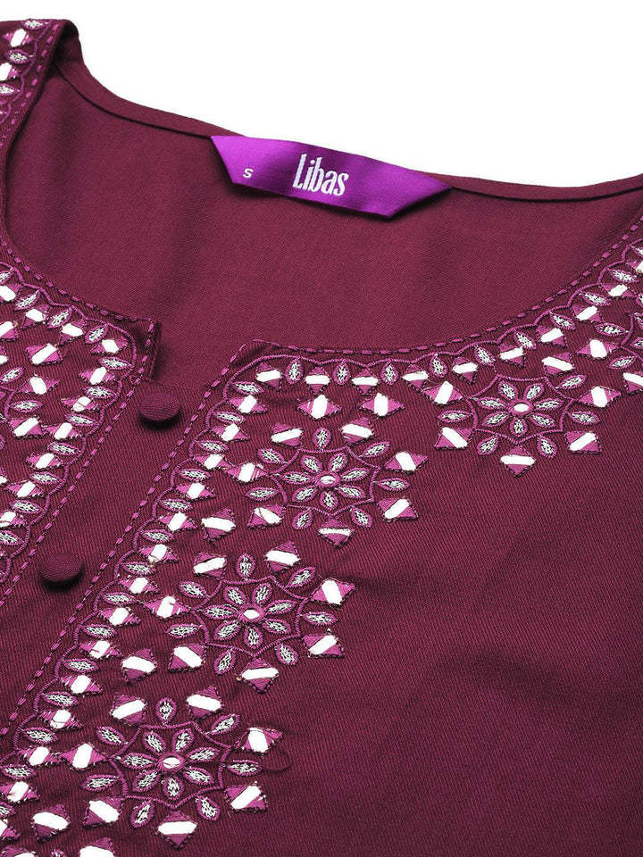 Wine Embroidered Wool Blend Tunic With Trousers - ShopLibas