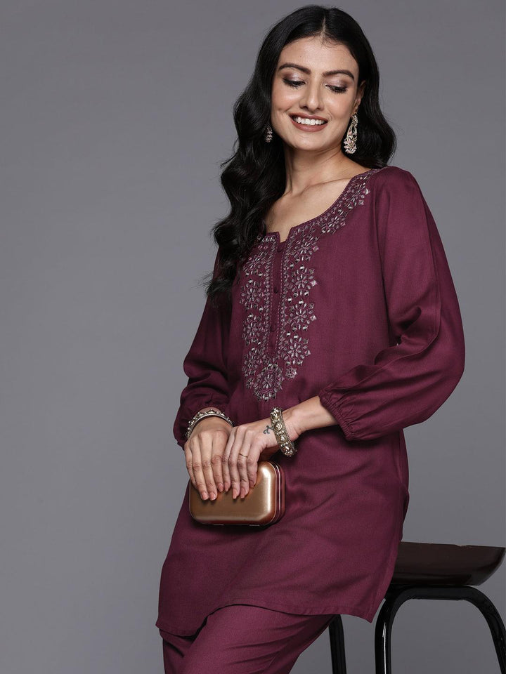 Wine Embroidered Wool Blend Tunic With Trousers - ShopLibas