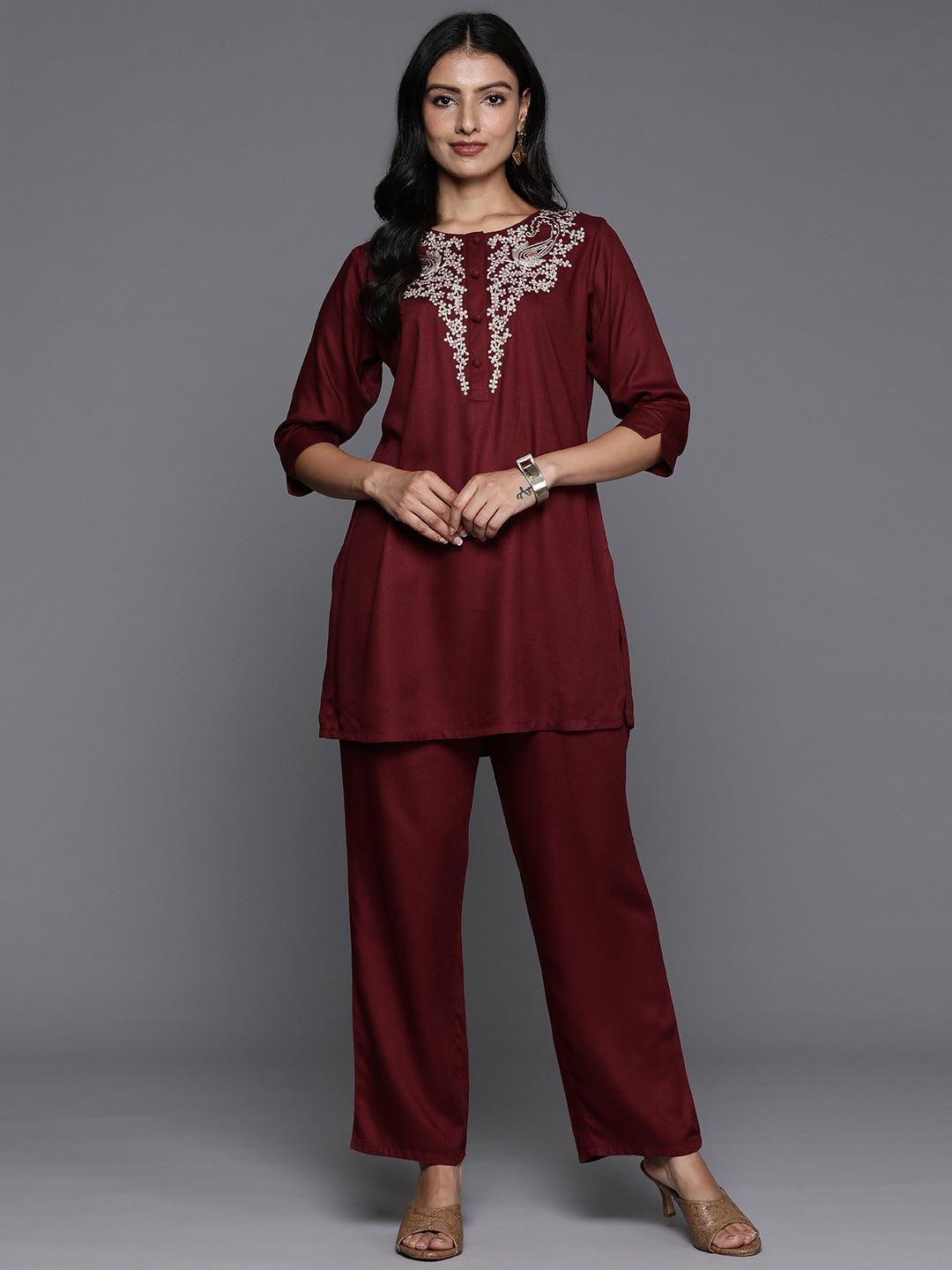 Maroon Yoke Design Wool Blend Co-Ords