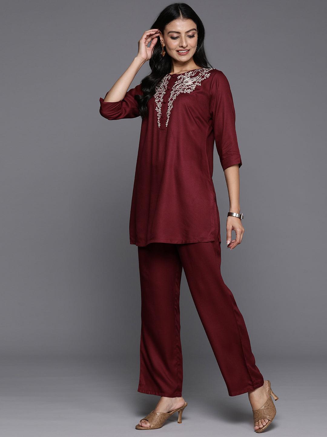 Maroon Yoke Design Wool Blend Tunic With Trousers - ShopLibas