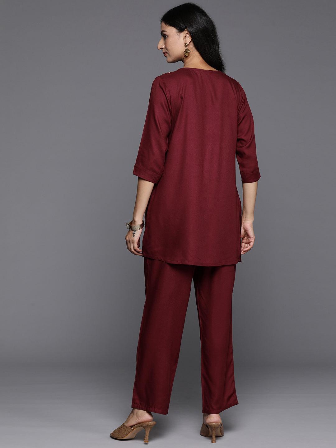 Maroon Yoke Design Wool Blend Co-Ords