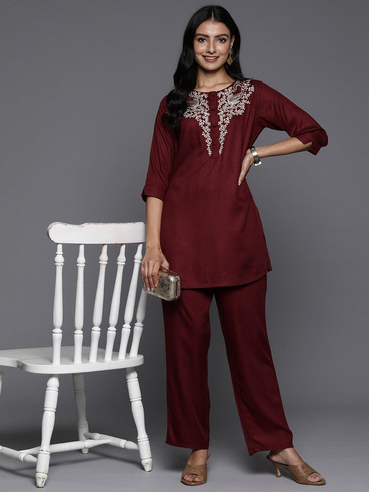 Maroon Yoke Design Wool Blend Tunic With Trousers - ShopLibas