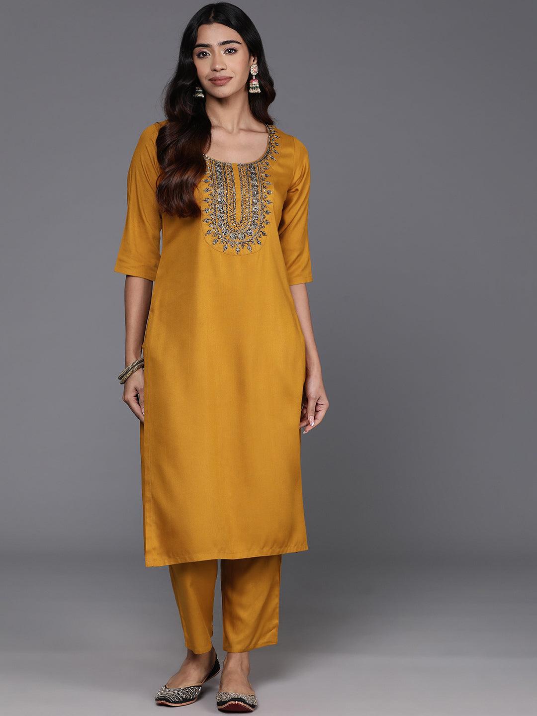 Mustard Yoke Design Wool Blend Straight Kurta With Trousers - ShopLibas