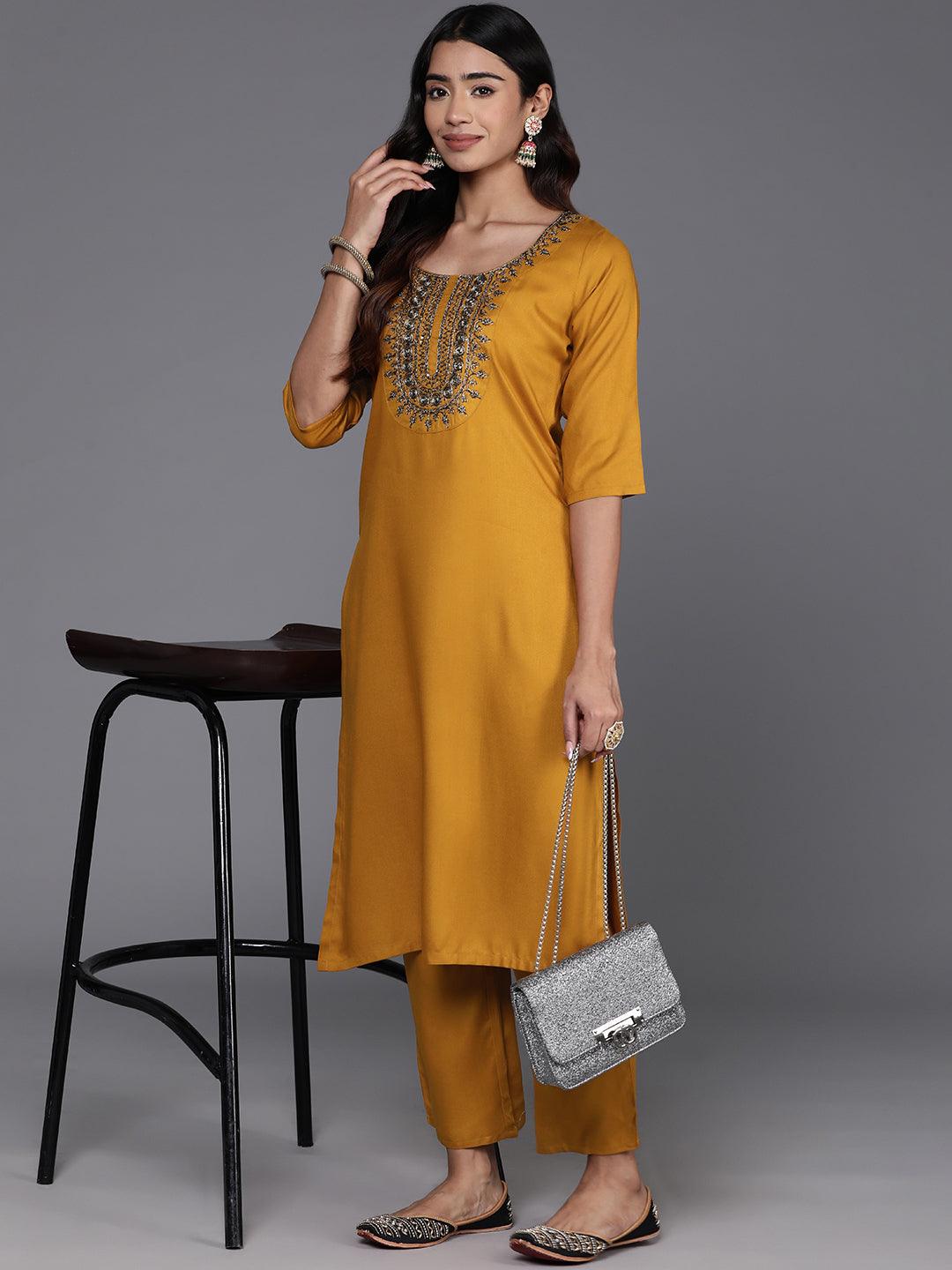 Mustard Yoke Design Wool Blend Straight Kurta With Trousers - ShopLibas